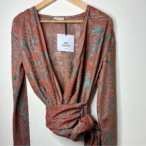 Zara Trafaluc long sleeve wrap blouse with bow size Small, metallic orange/teal